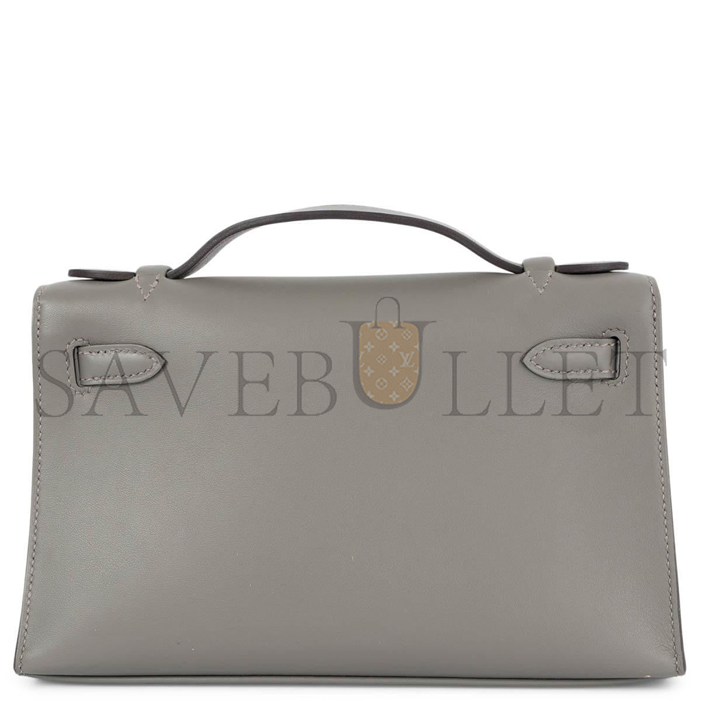 H**mes gris meyer gray swift leather kelly pochette clutch bag w gold (22*14*7cm)